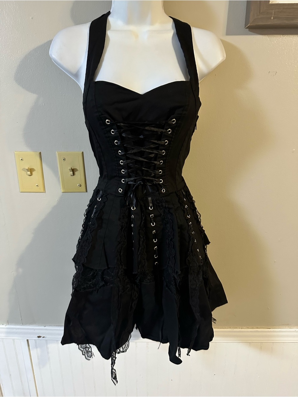 Black Lace-Up Halter Mini Dress with Corset Bodice